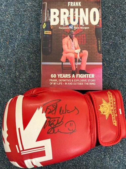 Frank bruno signed book, 60 years a fighter and red boxing glove