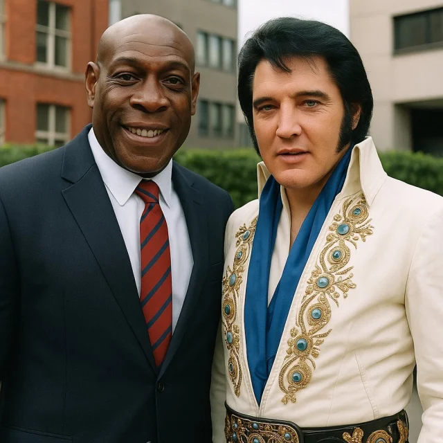 Evening well the picture of Hulk Hogan and me got you talking he he. Well this one definitely is not real or is it??? -———— Elvis & me how disappointing I would have loved to have met him I sure I could have showed him a few moves have a good night #elvis #ai #evening #pictureoftheday